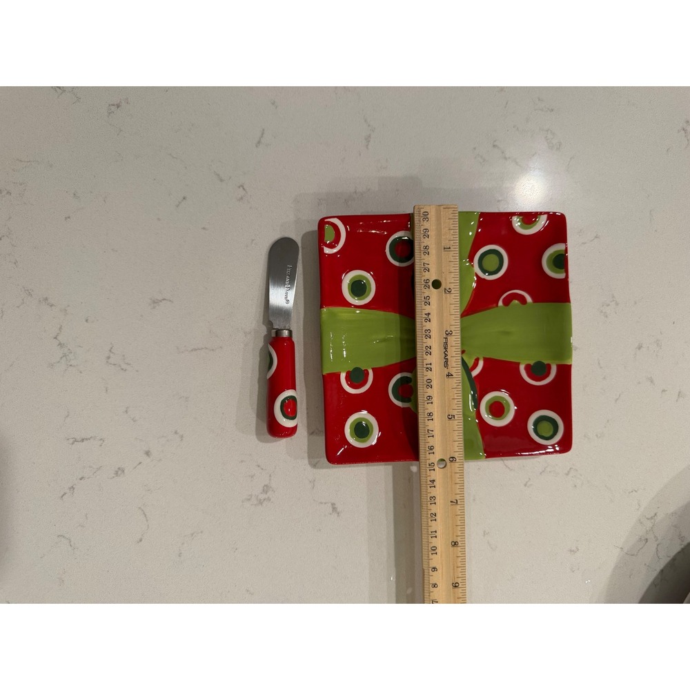 Fitz and Floyd Holiday Cheer Square Plate, Spreader Red Green Gift Bow Christmas - Picture 4 of 5